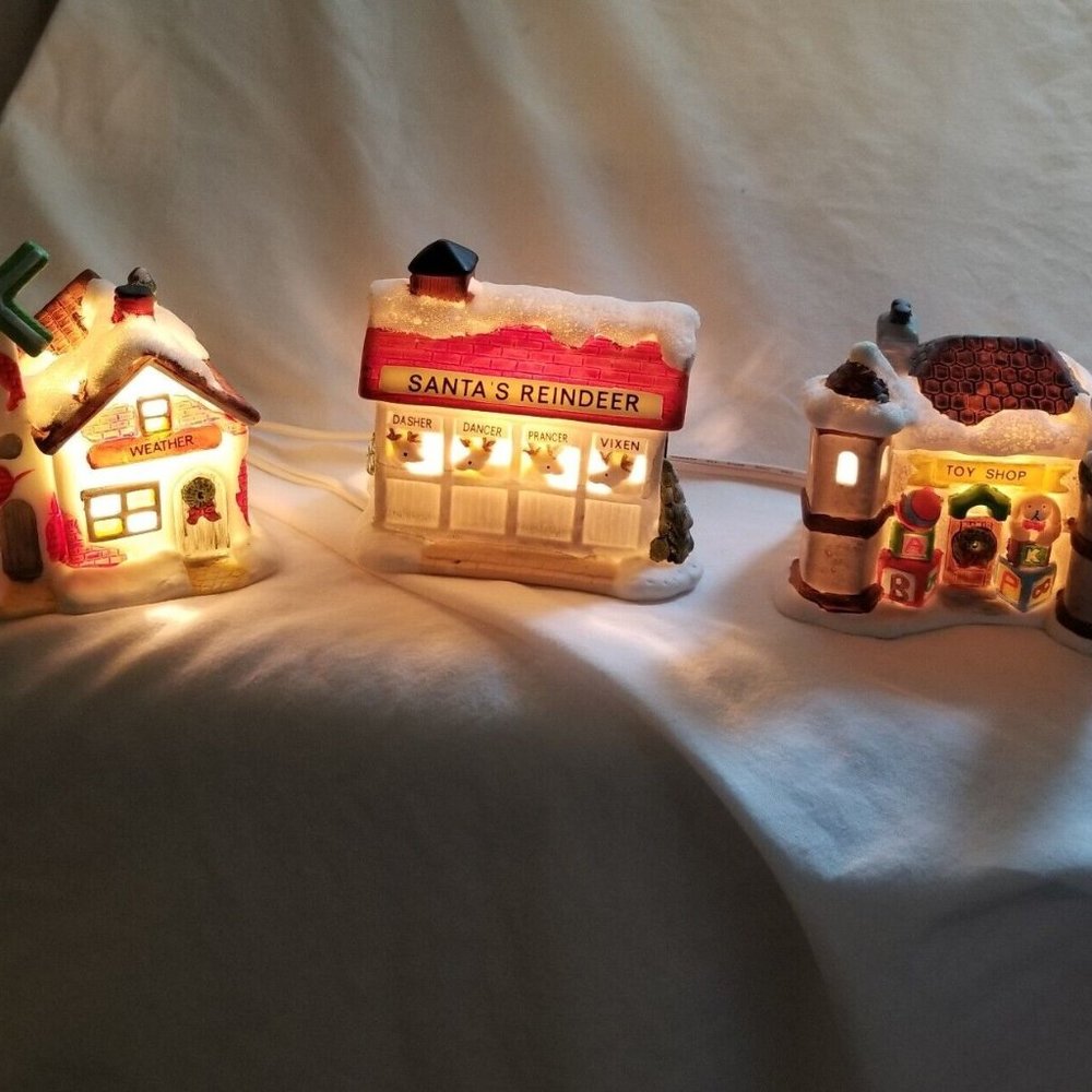 Set of 6 Pc Vintage 1994 Santa Village Porcelain Bisque Hand Painted/Crafted